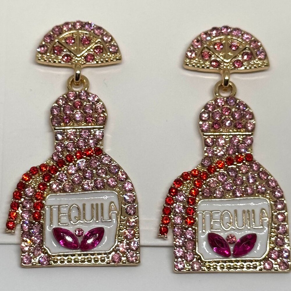 Party time, tequila bottle earrings, pink crystals, NWOT